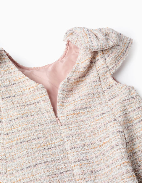 A-line tweed dress with decorative bows for girls, pink
