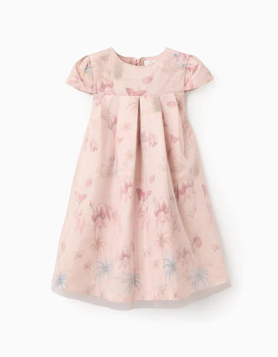 Short Sleeve Satin Dress with Motif for Girls, Light Pink