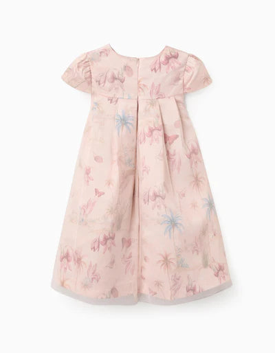Short Sleeve Satin Dress with Motif for Girls, Light Pink