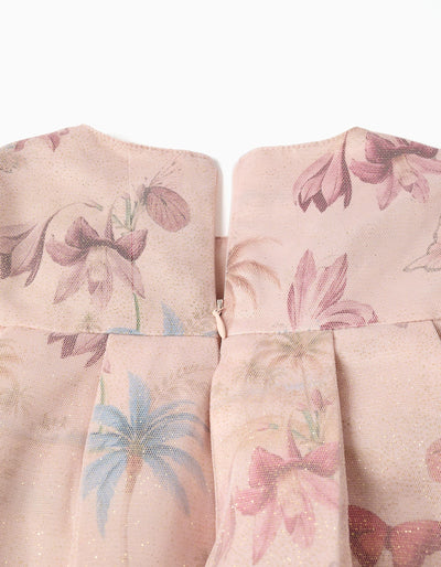 Short Sleeve Satin Dress with Motif for Girls, Light Pink