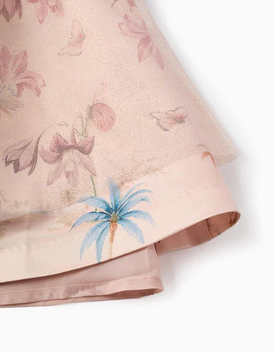 Short Sleeve Satin Dress with Motif for Girls, Light Pink
