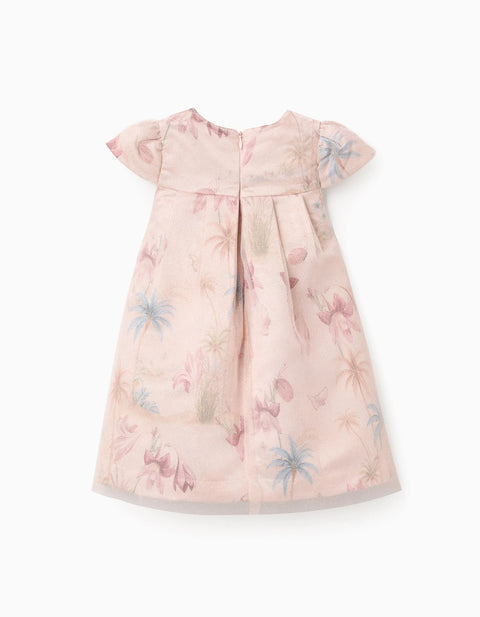 Short Sleeve Satin Dress with Motif for Baby Girls, Light Pink