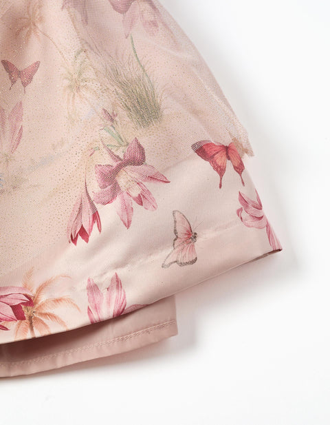 Short Sleeve Satin Dress with Motif for Baby Girls, Light Pink