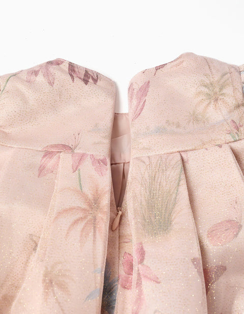 Short Sleeve Satin Dress with Motif for Baby Girls, Light Pink