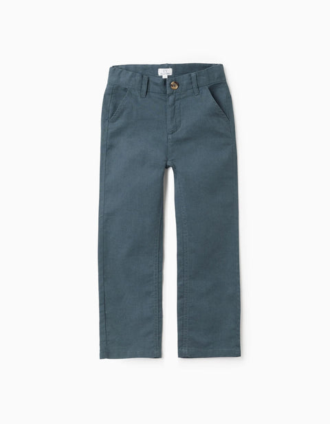 Straight fit chino trousers in linen and cotton for boys, blue-grey