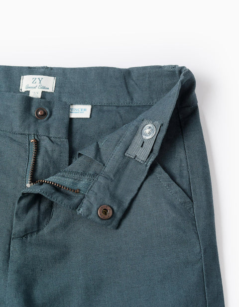 Straight fit chino trousers in linen and cotton for boys, blue-grey