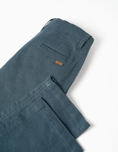Straight fit chino trousers in linen and cotton for boys, blue-grey