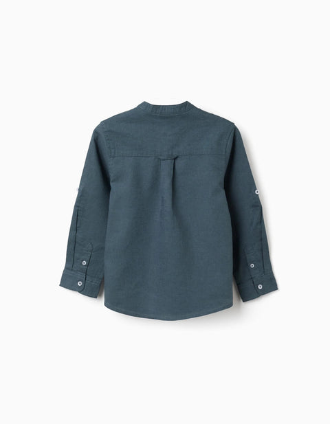 Long sleeve shirt in linen and cotton with mao collar for boys, blue-grey