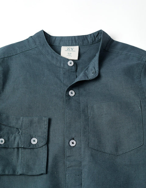 Long sleeve shirt in linen and cotton with mao collar for boys, blue-grey