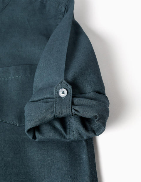 Long sleeve shirt in linen and cotton with mao collar for boys, blue-grey