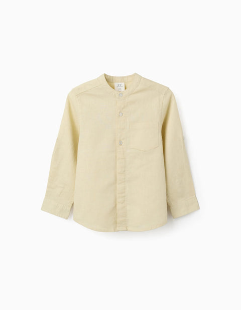 Long Sleeve Shirt in Linen and Cotton with Mao Collar for Boys, Yellow