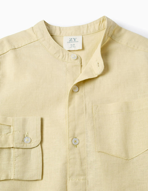 Long Sleeve Shirt in Linen and Cotton with Mao Collar for Boys, Yellow