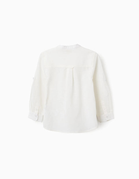 Long sleeve shirt in linen and cotton with mao collar for boys, white