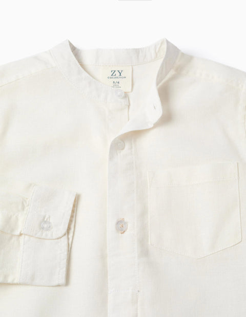 Long sleeve shirt in linen and cotton with mao collar for boys, white