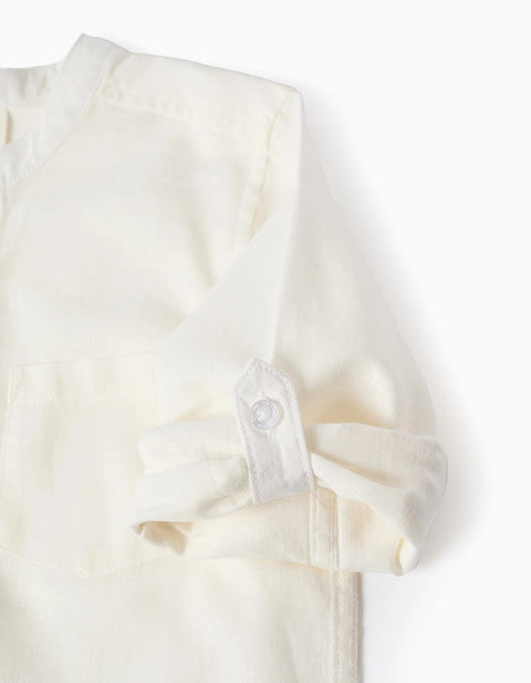 Long sleeve shirt in linen and cotton with mao collar for boys, white
