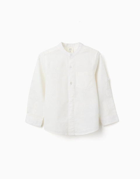 Long sleeve shirt in linen and cotton with mao collar for boys, white