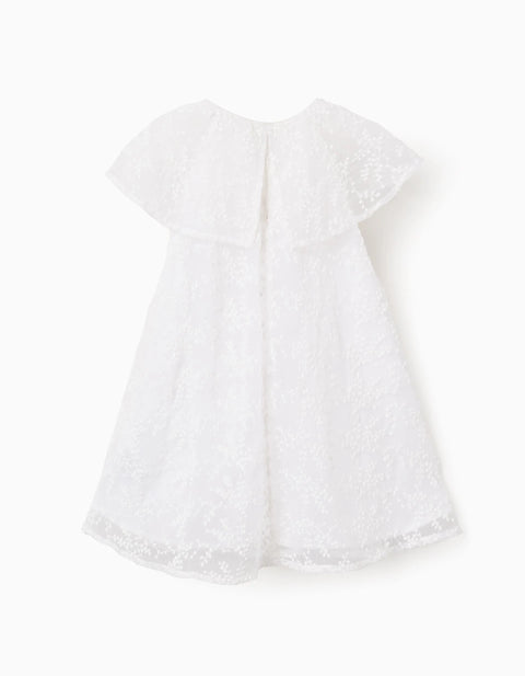 Dress with Bow and Ruffled Cape-Style Sleeves for Baby Girls, White