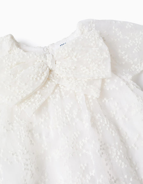 Dress with Bow and Ruffled Cape-Style Sleeves for Baby Girls, White