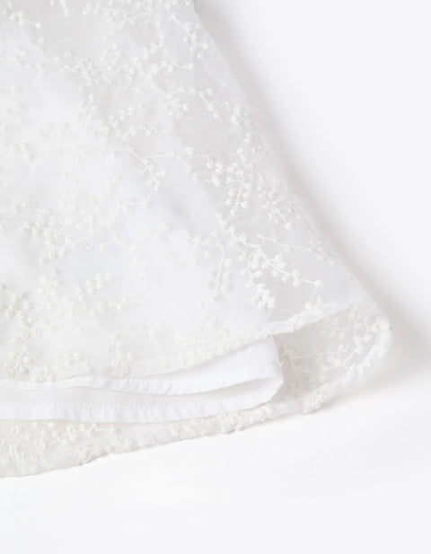 Dress with Bow and Ruffled Cape-Style Sleeves for Baby Girls, White