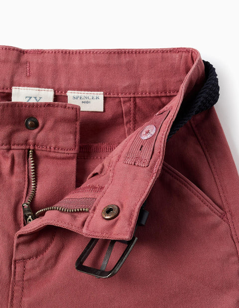 Twill Midi Shorts with Belt for Boys, Red