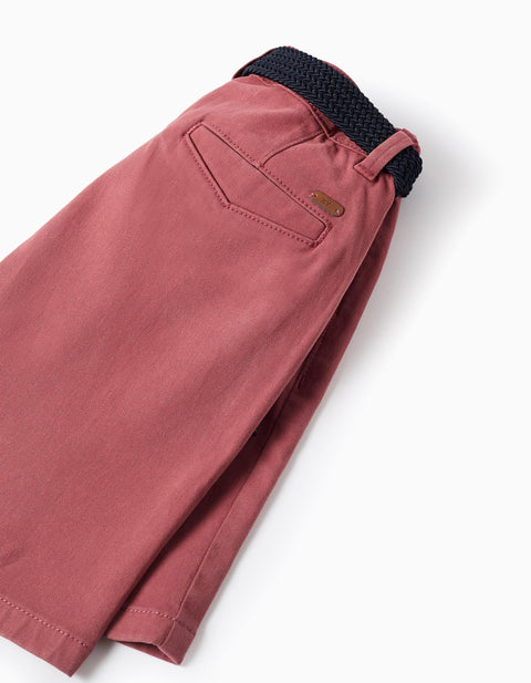 Twill Midi Shorts with Belt for Boys, Red