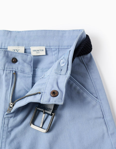 Twill Midi Shorts with Belt for Boys, Light Blue