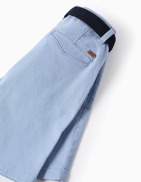 Twill Midi Shorts with Belt for Boys, Light Blue