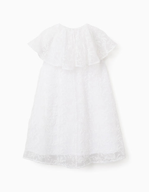 Dress with bow and ruffled cape-style sleeves for girls, white