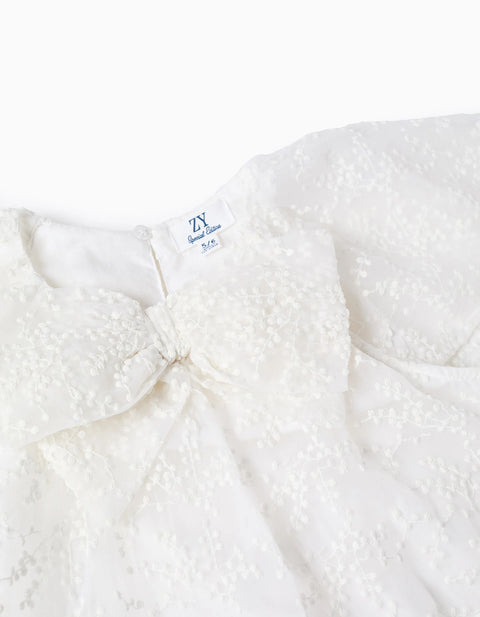Dress with bow and ruffled cape-style sleeves for girls, white
