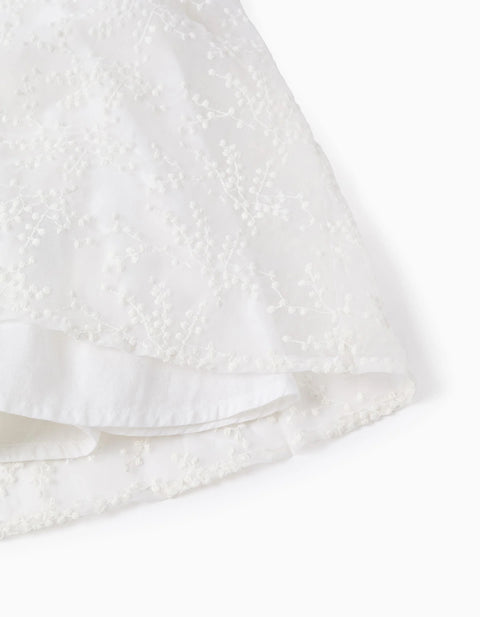 Dress with bow and ruffled cape-style sleeves for girls, white