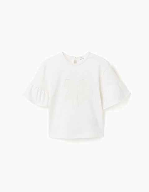 T-shirt with ruffles and embroidered bow for girls, white