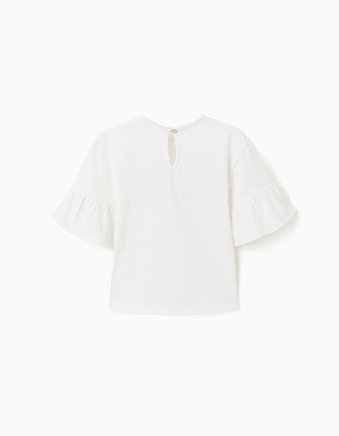 T-shirt with ruffles and embroidered bow for girls, white