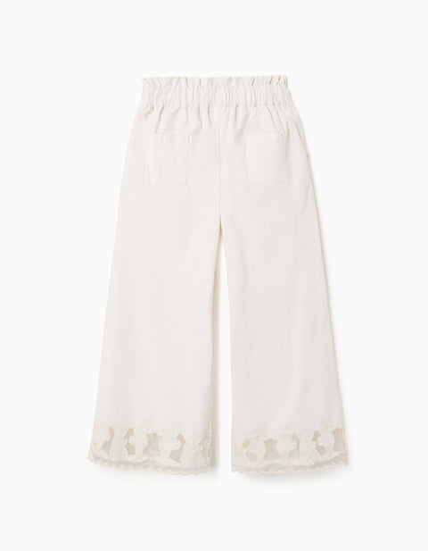Wide leg cotton trousers with embroidered flowers for girls, white