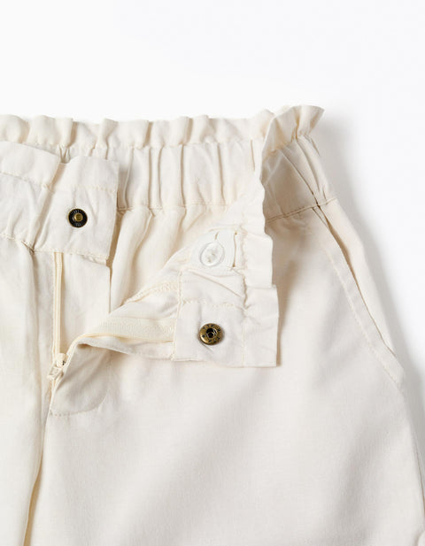 Wide leg cotton trousers with embroidered flowers for girls, white