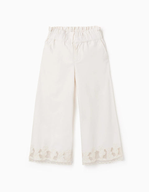 Wide leg cotton trousers with embroidered flowers for girls, white