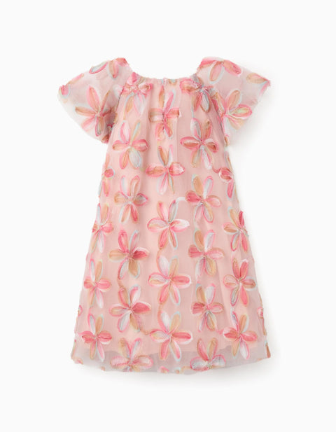 Short sleeve tulle dress with 3D flowers for girls, light pink