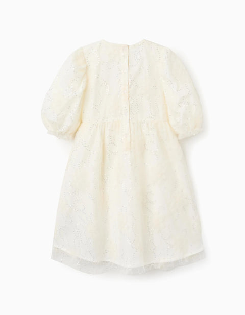 Dress with balloon sleeves and 3D flowers for girls, white