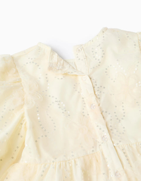 Dress with balloon sleeves and 3D flowers for girls, white