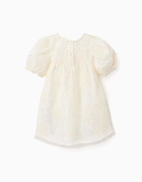 Dress with balloon sleeves and 3D flowers for baby girls, white
