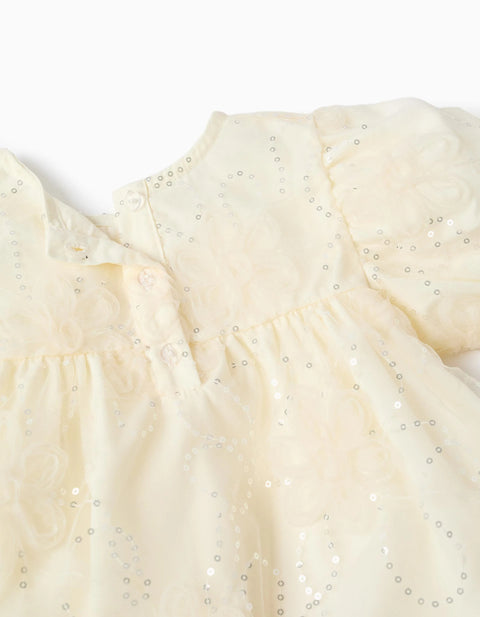 Dress with balloon sleeves and 3D flowers for baby girls, white