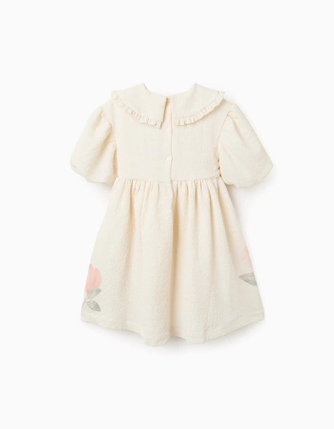Dress with Balloon Sleeves and Floral Print for Girls, White