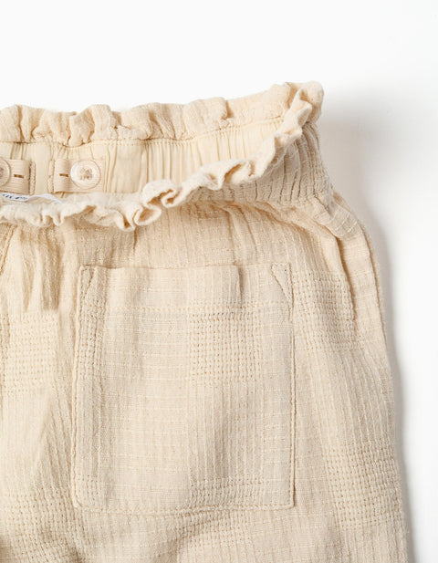 Wide leg dobby cotton trousers with belt for girls, light beige