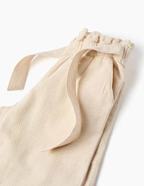 Wide leg dobby cotton trousers with belt for girls, light beige