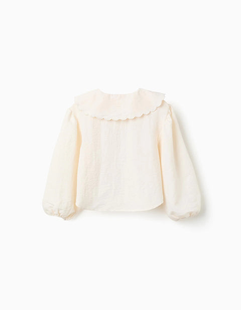 Blouse with balloon sleeves and floral appliqué for girls, light beige