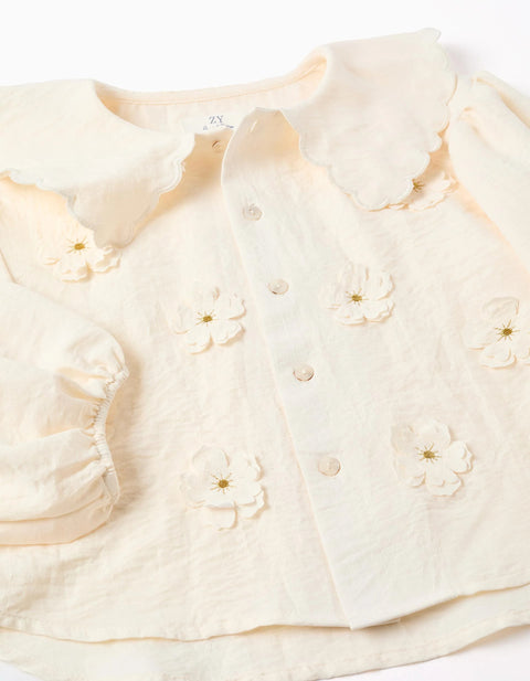 Blouse with balloon sleeves and floral appliqué for girls, light beige