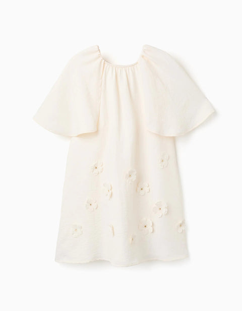Dress with cape sleeves and floral appliqué for girls, light beige