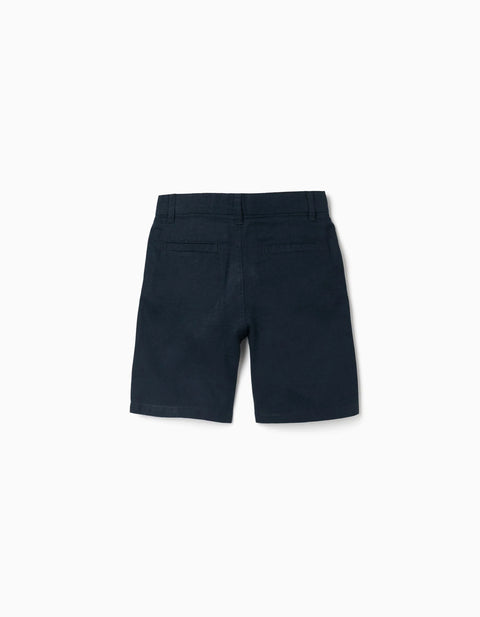 Long Chino Shorts in Linen and Cotton for Boys, Dark Blue