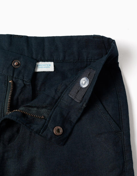 Long Chino Shorts in Linen and Cotton for Boys, Dark Blue