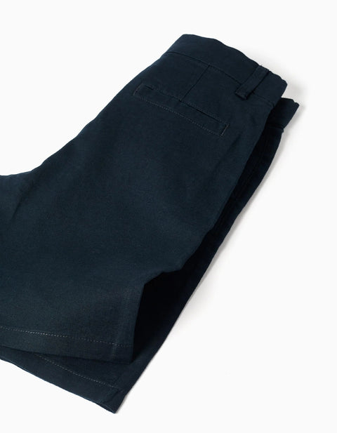Long Chino Shorts in Linen and Cotton for Boys, Dark Blue