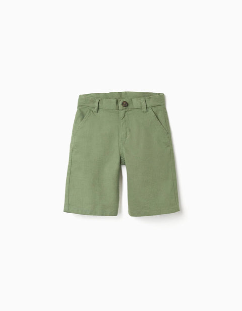 Long Chino Shorts in Linen and Cotton for Boys, Green